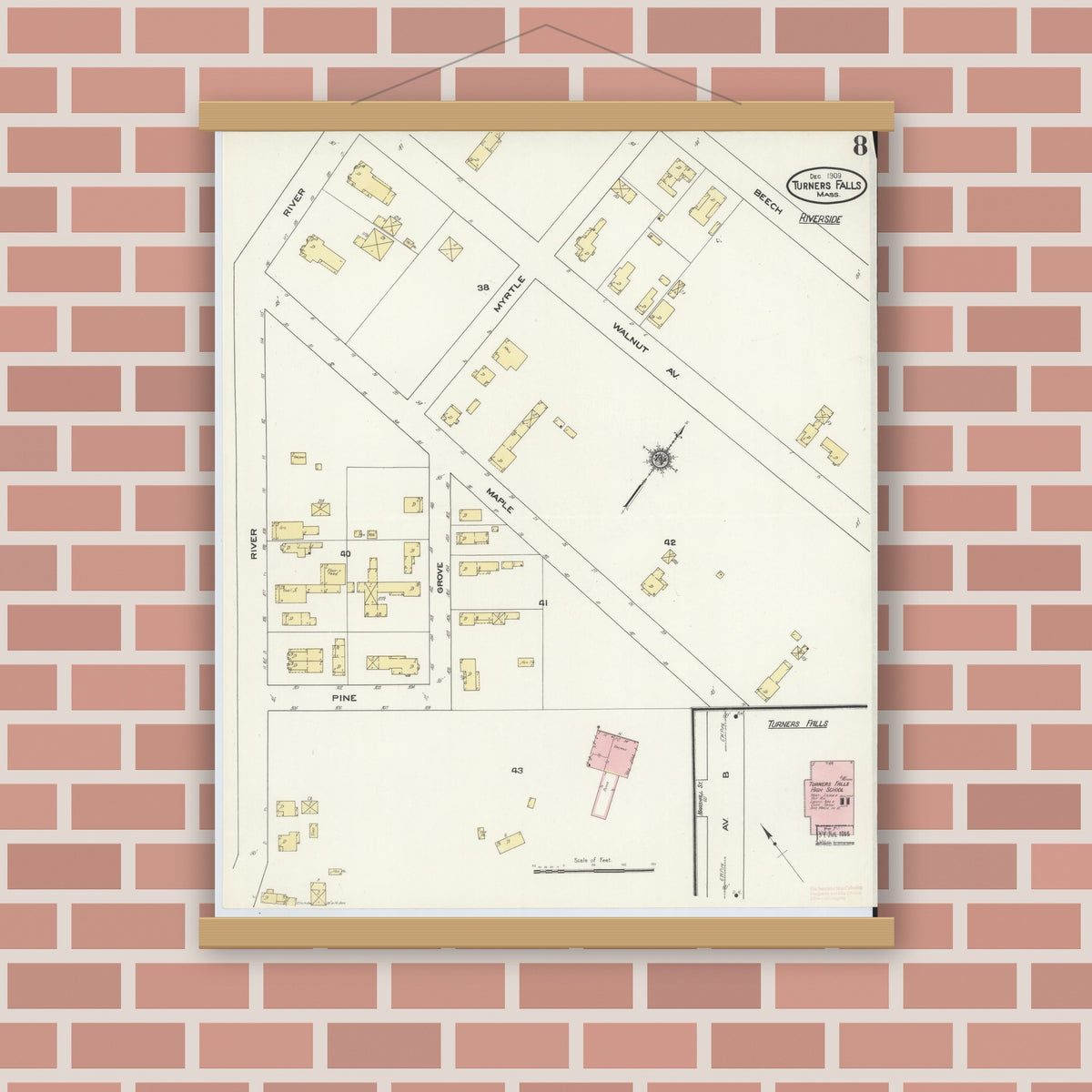 Old map wall art mockup — magnetic wood frame on brick wall — Sanborn Fire Insurance Map from Turners Falls, Franklin County, Massachusetts (1909), Sheet #0008
