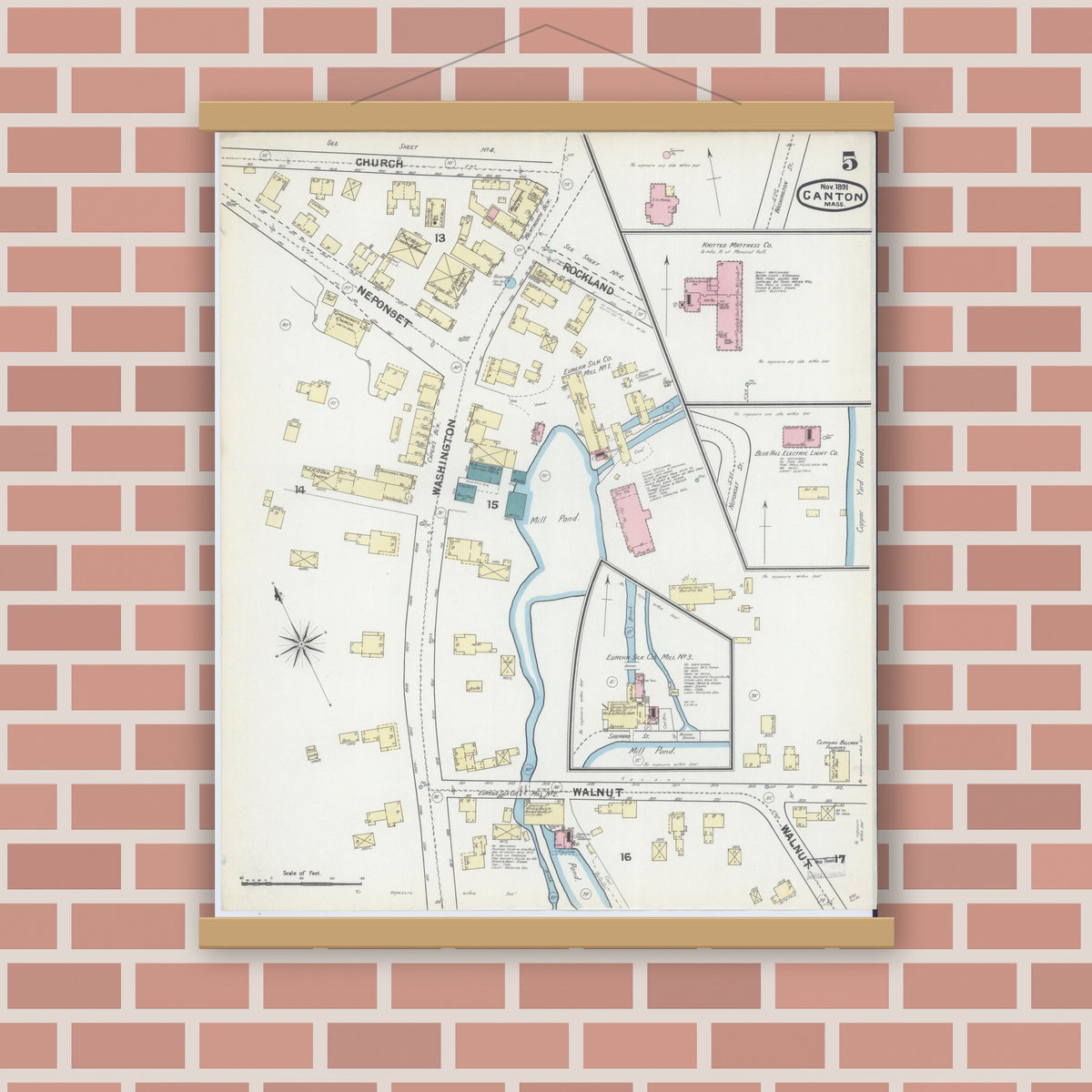 Old map wall art mockup — magnetic wood frame on brick wall — Sanborn Fire Insurance Map from Canton, Norfolk County, Massachusetts (1891), Sheet #0005