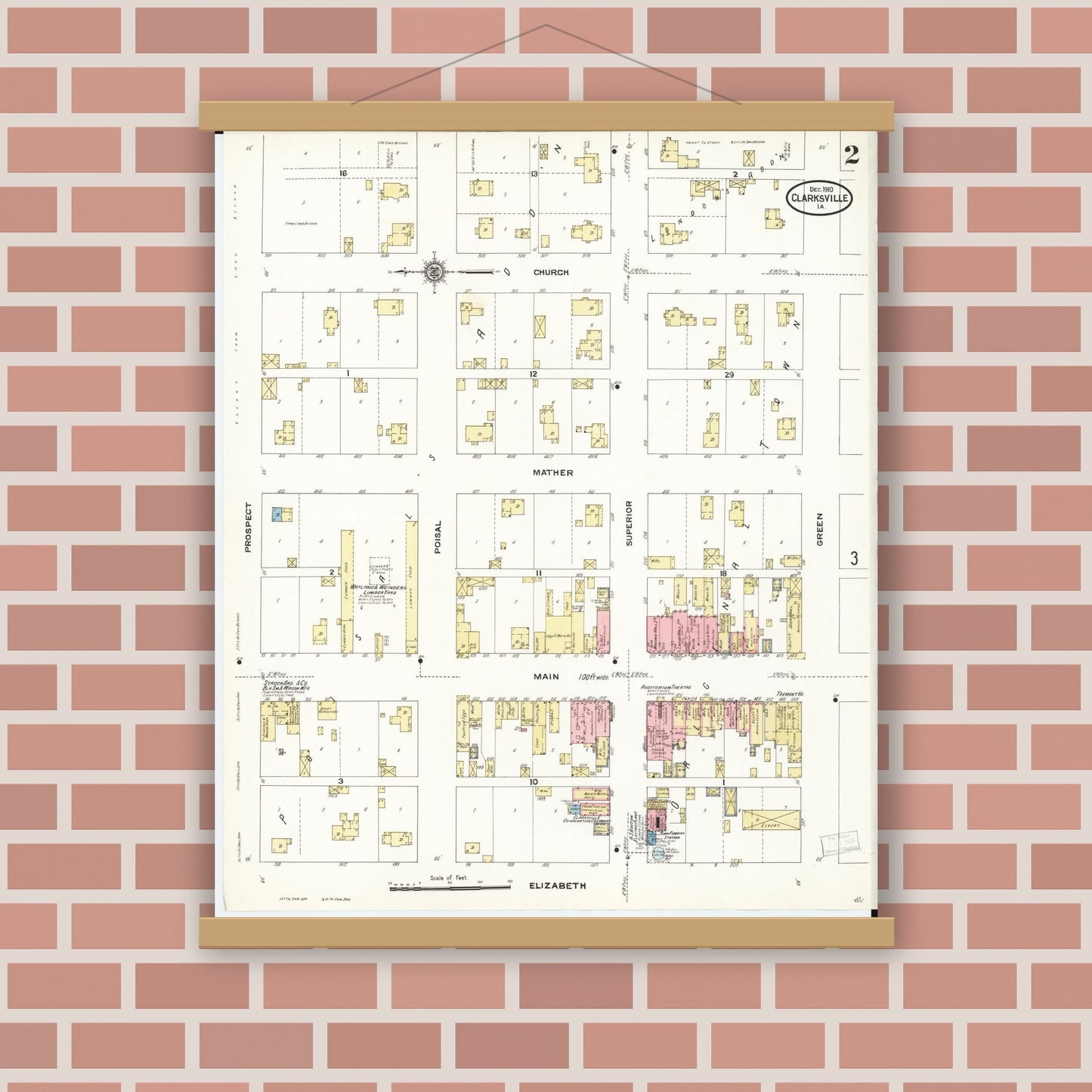 Old map wall art mockup — magnetic wood frame on brick wall — Sanborn Fire Insurance Map from Clarksville, Butler County, Iowa (1910), Sheet #0002