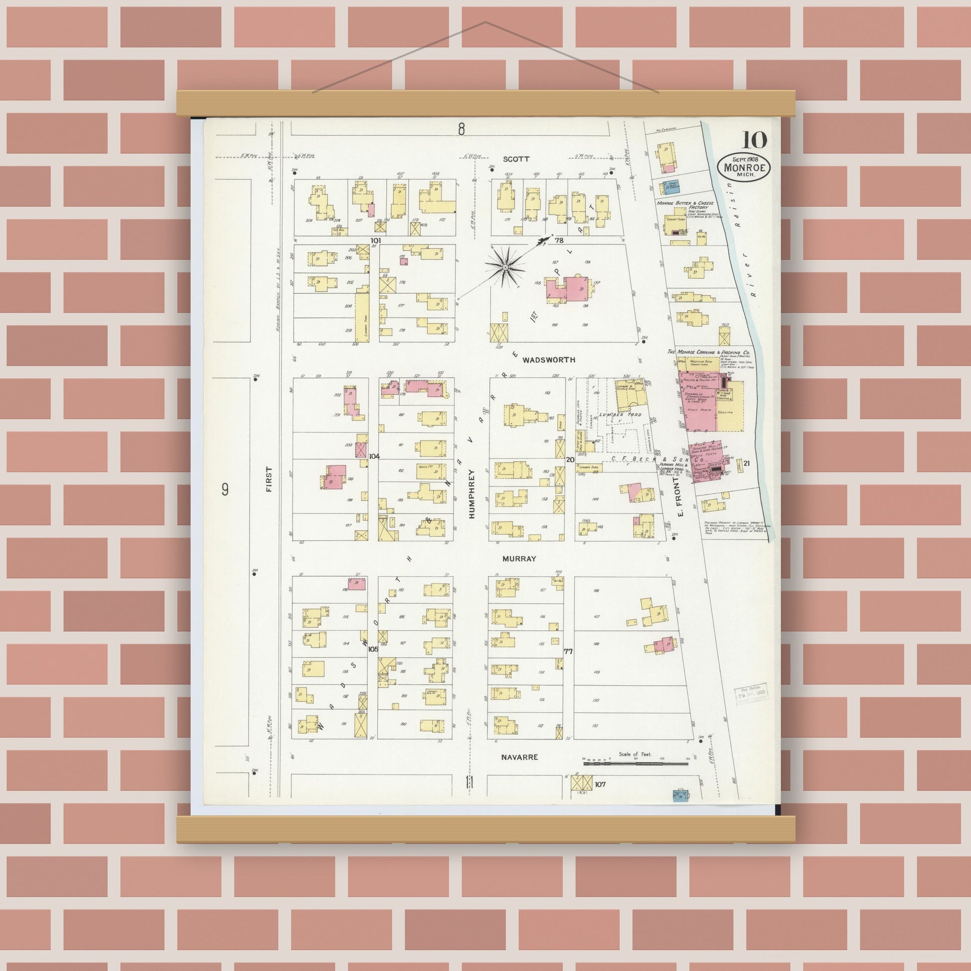 Old map wall art mockup — magnetic wood frame on brick wall — Sanborn Fire Insurance Map from Monroe, Monroe County, Michigan (1908), Sheet #0010