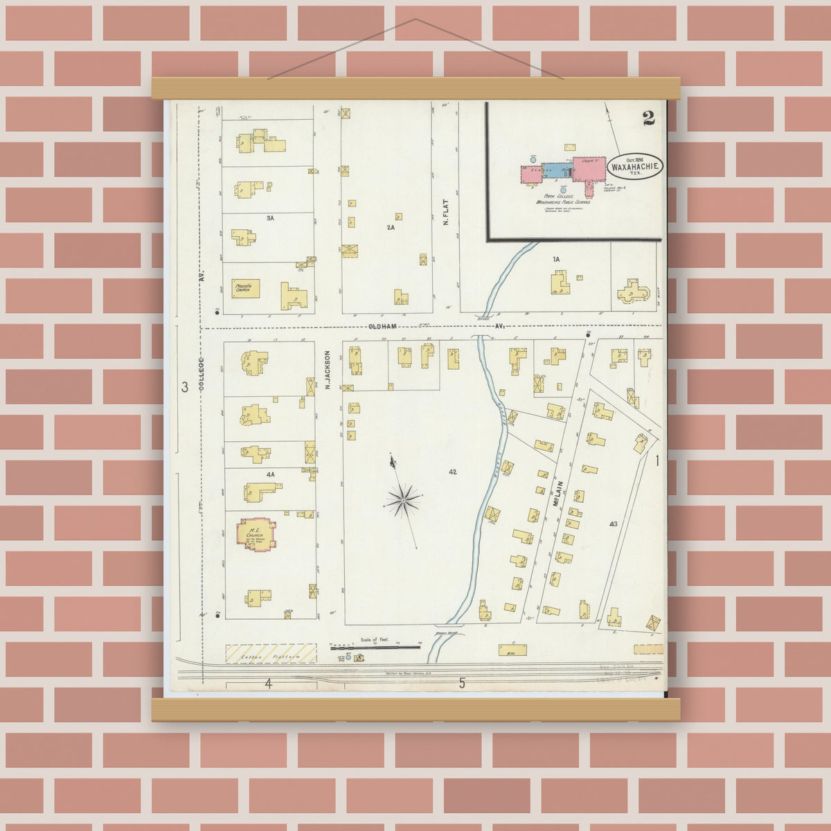 Old map wall art mockup — magnetic wood frame on brick wall — Sanborn Fire Insurance Map from Waxahachie, Ellis County, Texas (1898), Sheet #0002