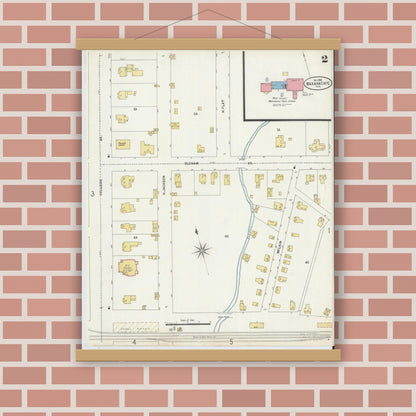 Old map wall art mockup — magnetic wood frame on brick wall — Sanborn Fire Insurance Map from Waxahachie, Ellis County, Texas (1898), Sheet #0002