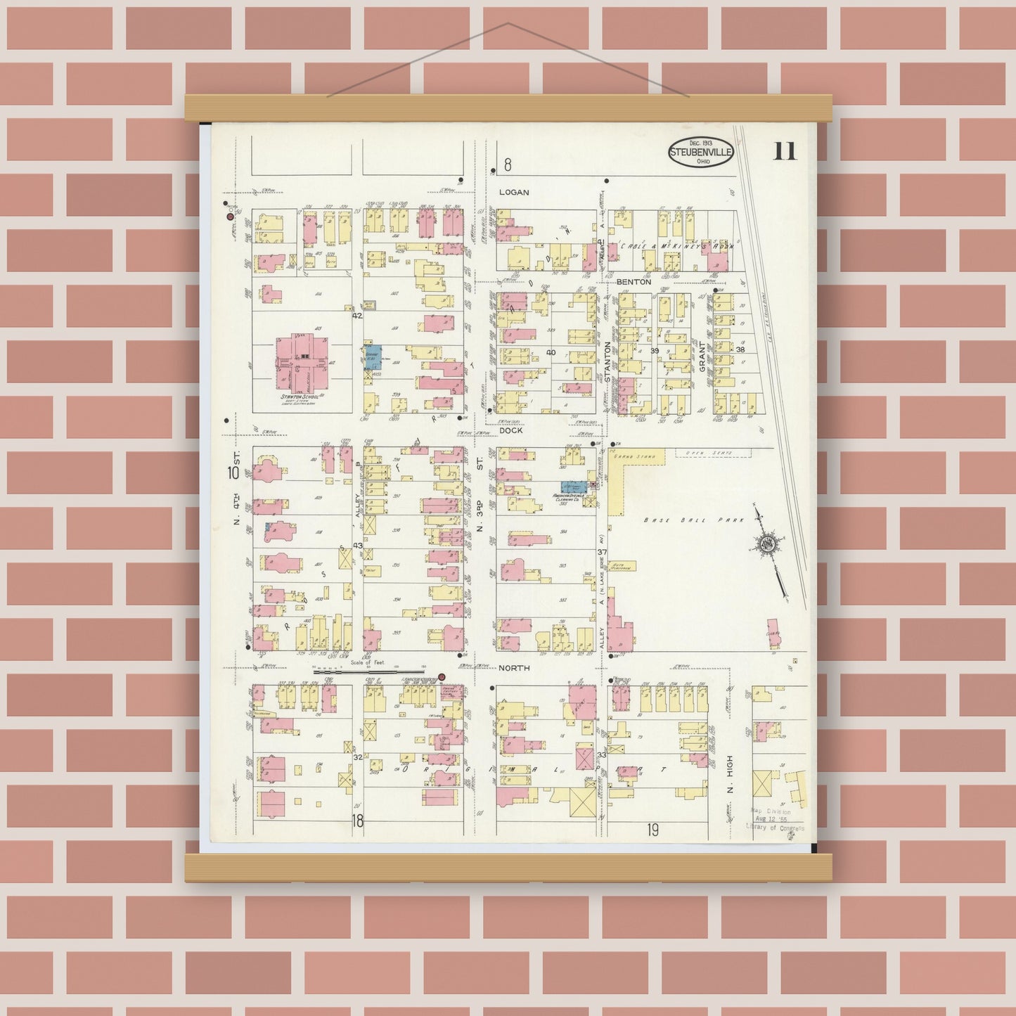 Old map wall art mockup — magnetic wood frame on brick wall — Sanborn Fire Insurance Map from Steubenville, Jefferson County, Ohio (1913), Sheet #0011