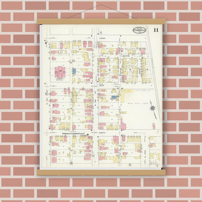 Old map wall art mockup — magnetic wood frame on brick wall — Sanborn Fire Insurance Map from Steubenville, Jefferson County, Ohio (1913), Sheet #0011