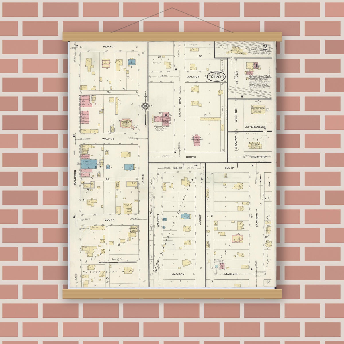 Old map wall art mockup — magnetic wood frame on brick wall — Sanborn Fire Insurance Map from Tremont, Tazewell County, Illinois (1914), Sheet #0002