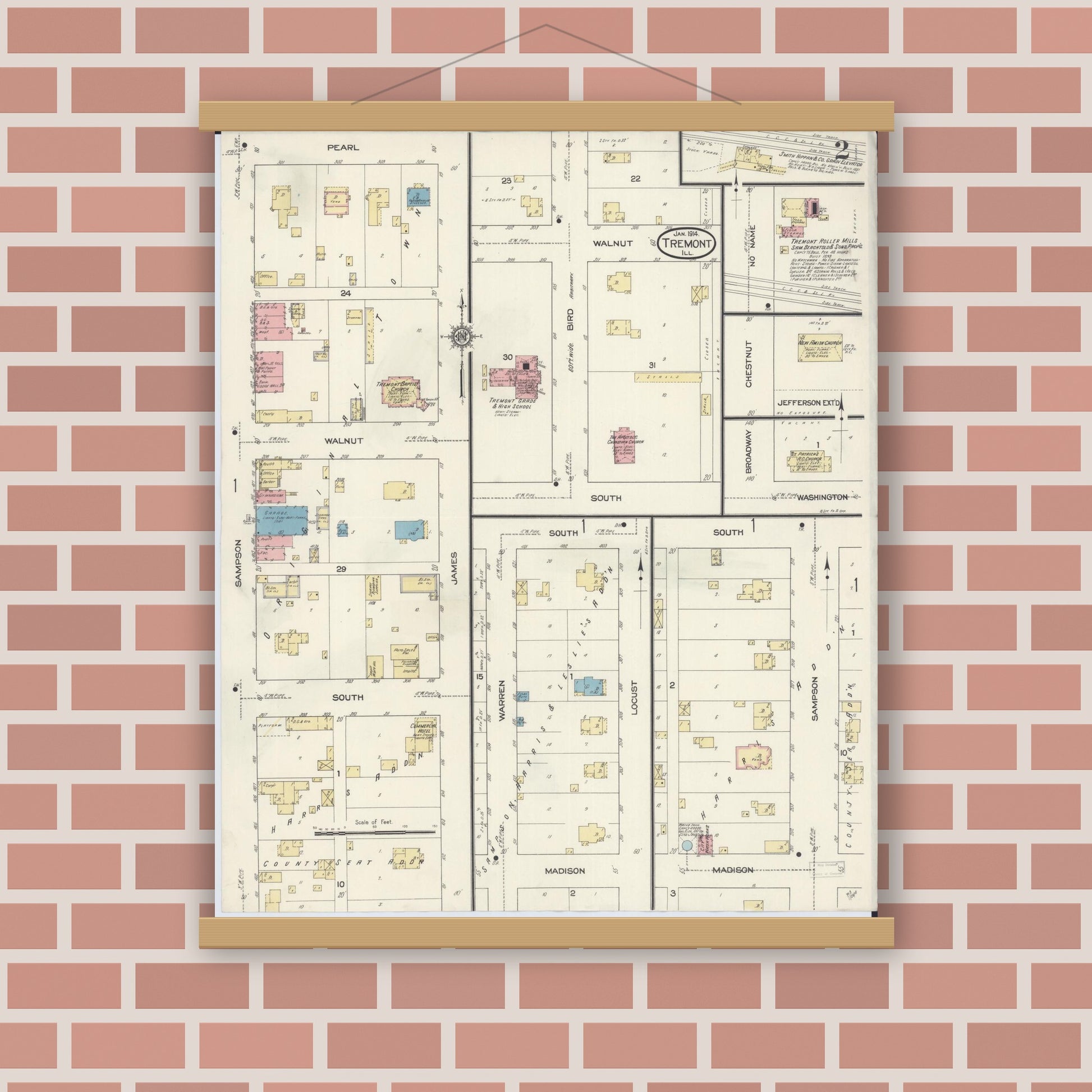 Old map wall art mockup — magnetic wood frame on brick wall — Sanborn Fire Insurance Map from Tremont, Tazewell County, Illinois (1914), Sheet #0002