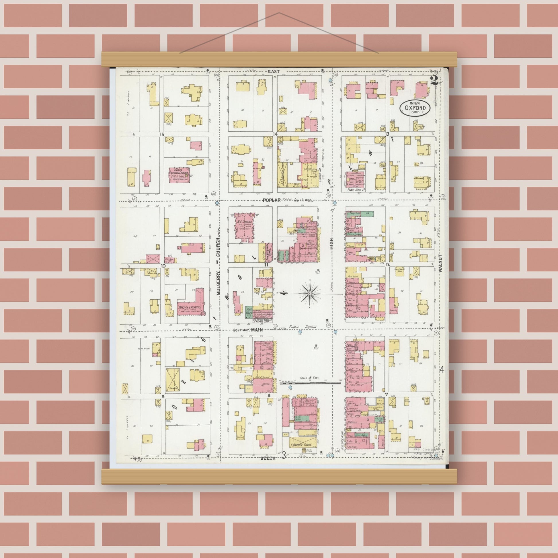 Old map wall art mockup — magnetic wood frame on brick wall — Sanborn Fire Insurance Map from Oxford, Butler County, Ohio (1899), Sheet #0002