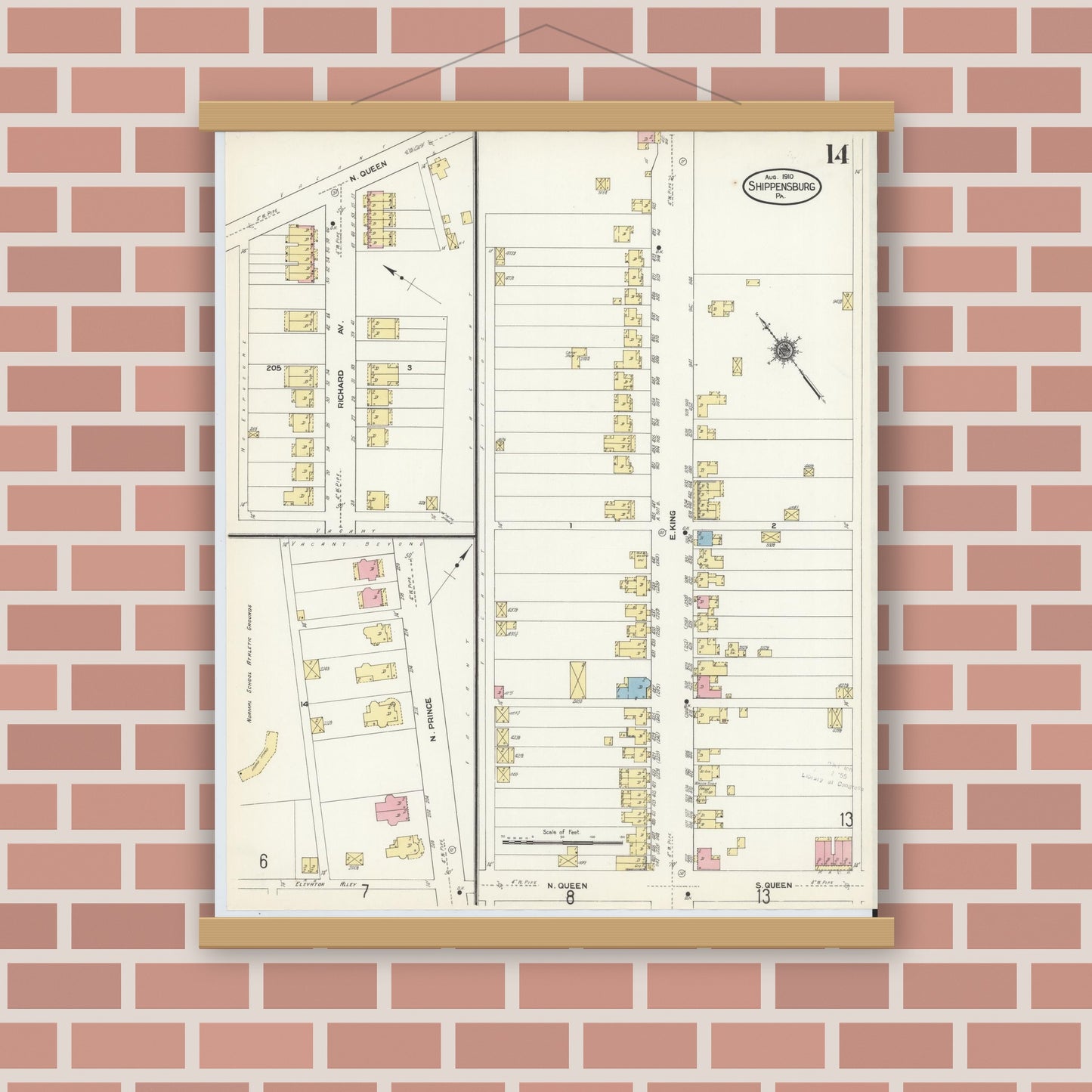 Old map wall art mockup — magnetic wood frame on brick wall — Sanborn Fire Insurance Map from Shippensburg, Cumberland And Franklin Counties, Pennsylvania (1910), Sheet #0014