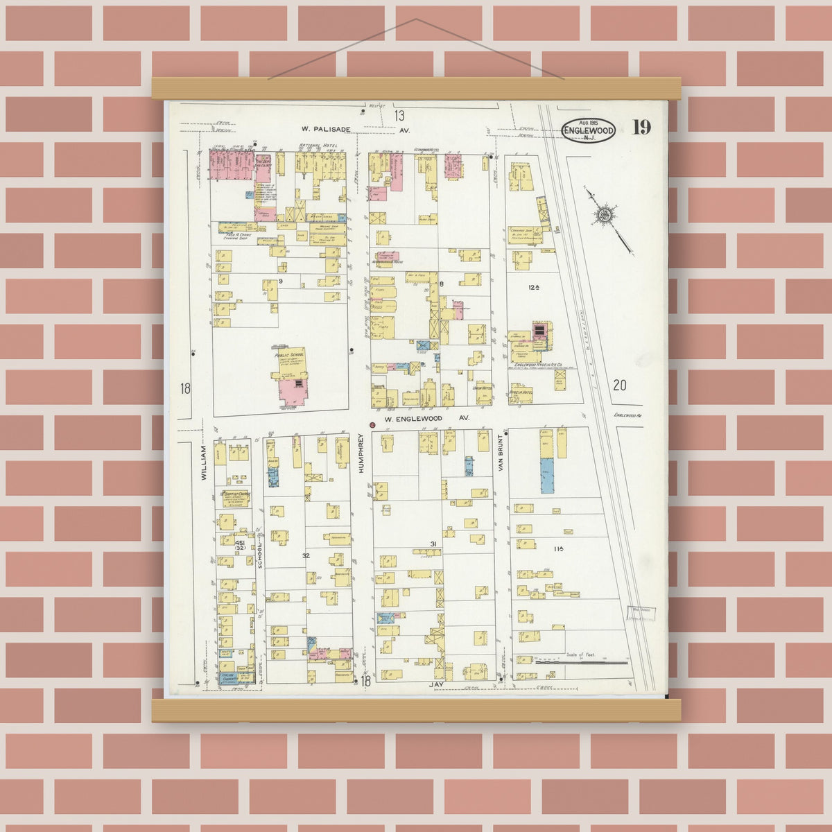 Old map wall art mockup — magnetic wood frame on brick wall — Sanborn Fire Insurance Map from Englewood, Bergen County, New Jersey (1915), Sheet #0019
