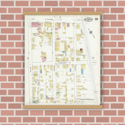 Old map wall art mockup — magnetic wood frame on brick wall — Sanborn Fire Insurance Map from Englewood, Bergen County, New Jersey (1915), Sheet #0019