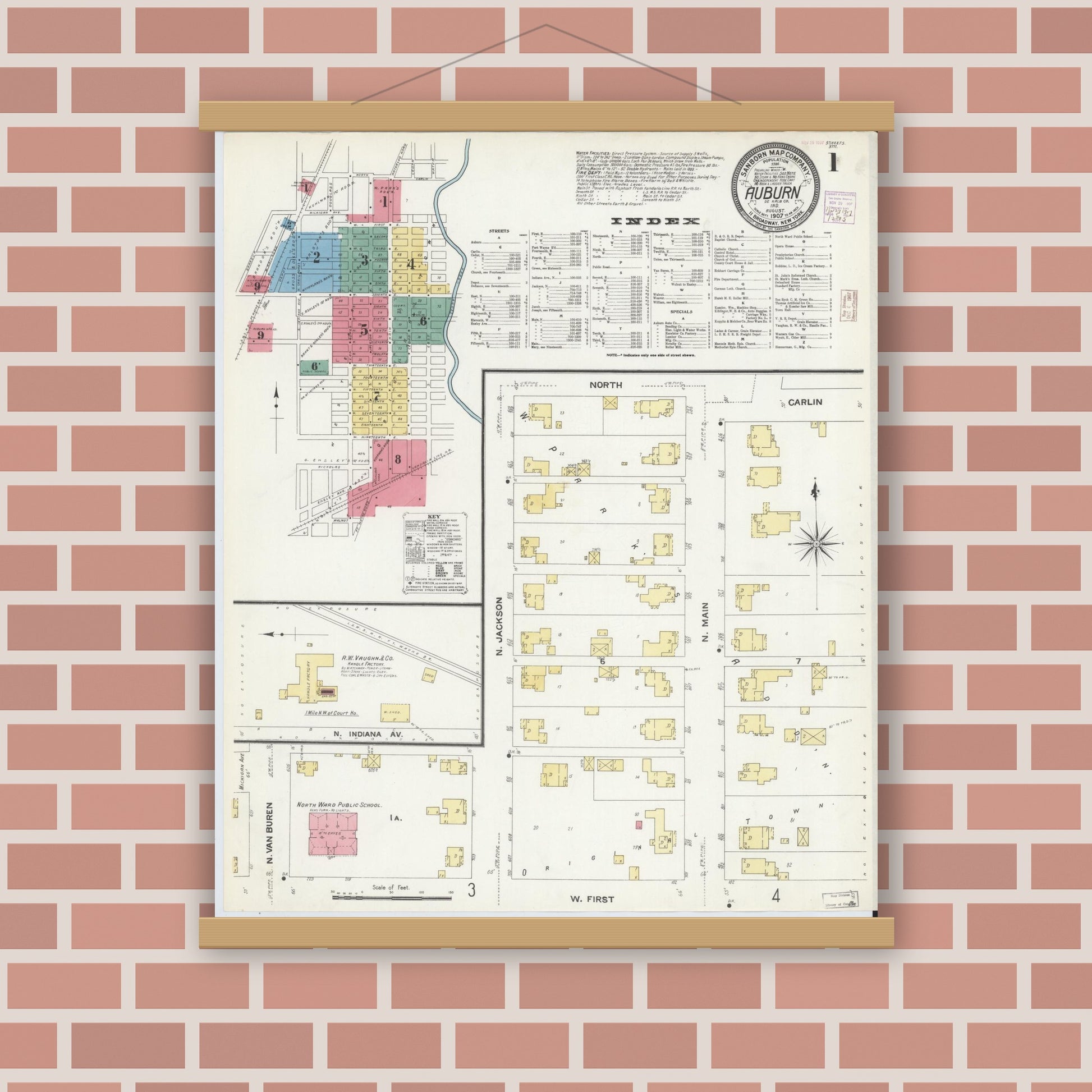 Old map wall art mockup — magnetic wood frame on brick wall — Sanborn Fire Insurance Map from Auburn, De Kalb County, Indiana (1907), Sheet #0001