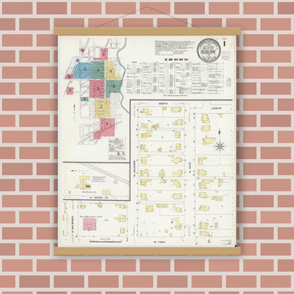 Old map wall art mockup — magnetic wood frame on brick wall — Sanborn Fire Insurance Map from Auburn, De Kalb County, Indiana (1907), Sheet #0001