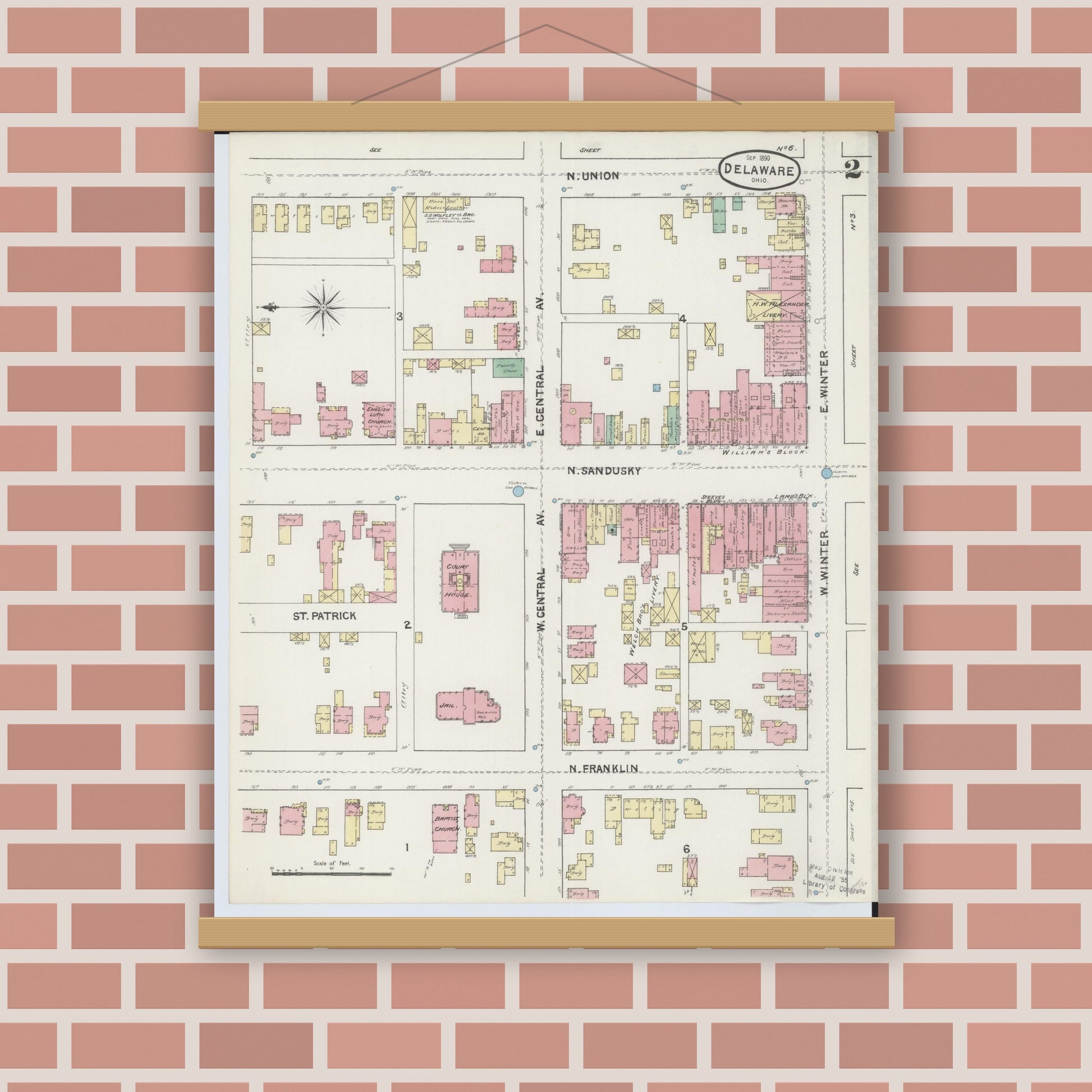 Old map wall art mockup — magnetic wood frame on brick wall — Sanborn Fire Insurance Map from Delaware, Delaware County, Ohio (1890), Sheet #0002