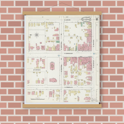 Old map wall art mockup — magnetic wood frame on brick wall — Sanborn Fire Insurance Map from Delaware, Delaware County, Ohio (1890), Sheet #0002