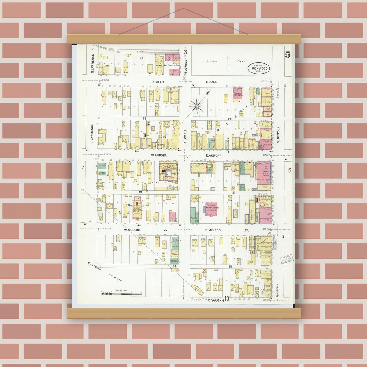 Old map wall art mockup — magnetic wood frame on brick wall — Sanborn Fire Insurance Map from Ironwood, Gogebic County, Michigan (1908), Sheet #0005
