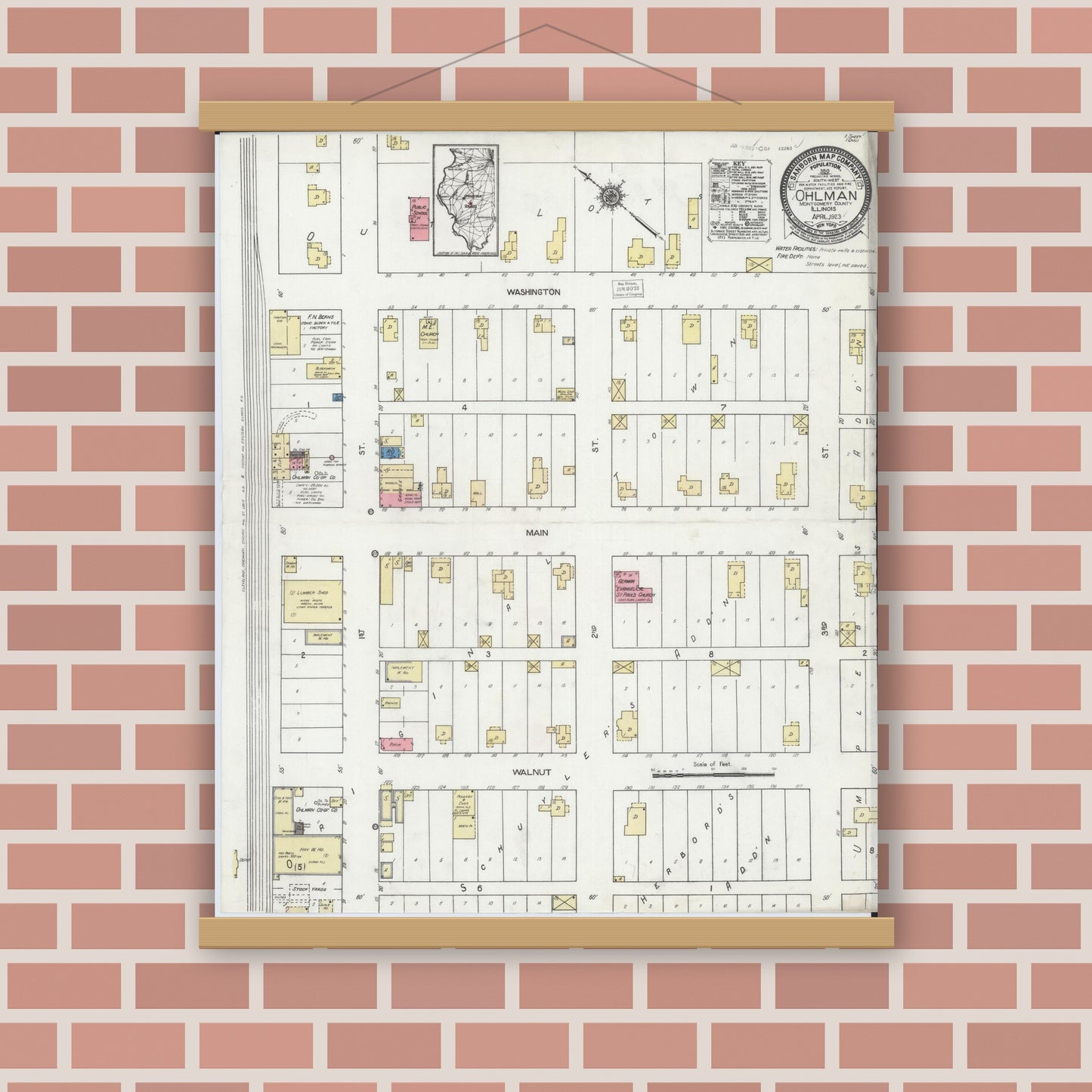 Old map wall art mockup — magnetic wood frame on brick wall — Sanborn Fire Insurance Map from Ohlman, Montgomery County, Illinois (1923), Sheet #0001
