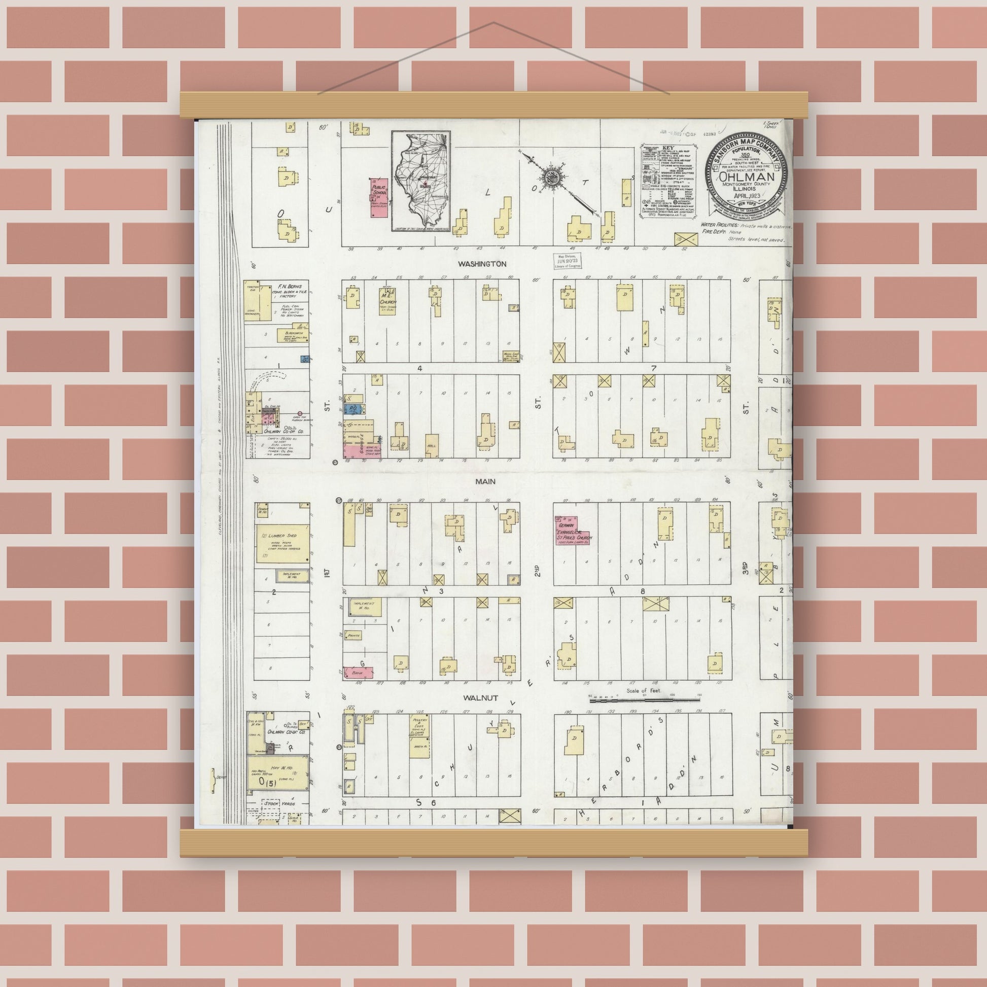 Old map wall art mockup — magnetic wood frame on brick wall — Sanborn Fire Insurance Map from Ohlman, Montgomery County, Illinois (1923), Sheet #0001