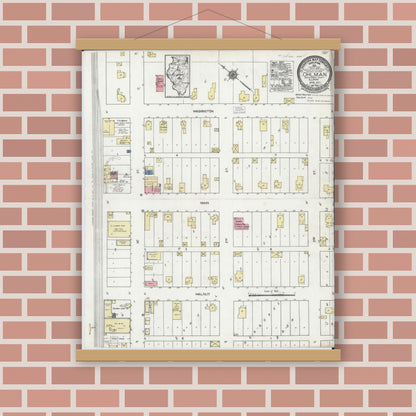 Old map wall art mockup — magnetic wood frame on brick wall — Sanborn Fire Insurance Map from Ohlman, Montgomery County, Illinois (1923), Sheet #0001