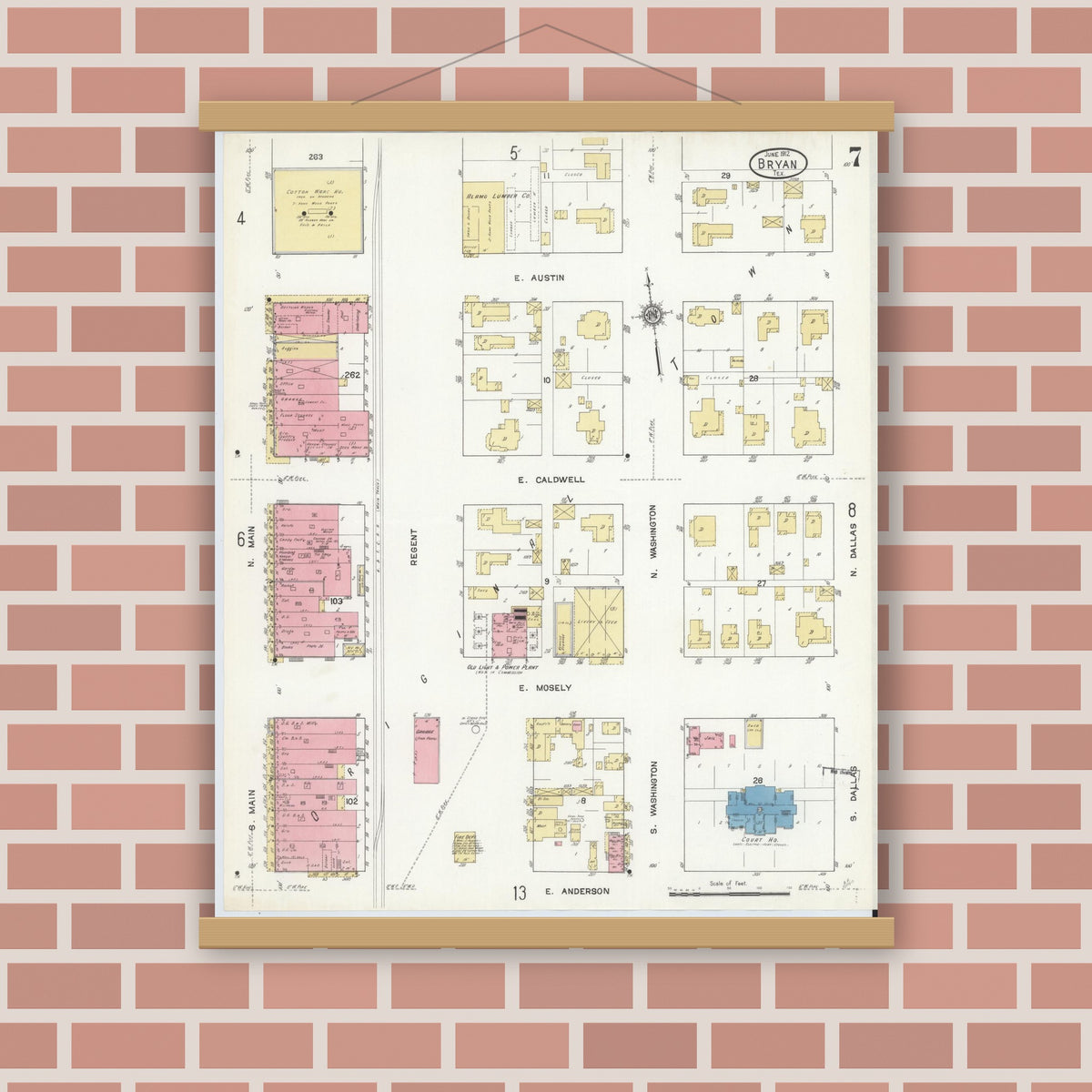 Old map wall art mockup — magnetic wood frame on brick wall — Sanborn Fire Insurance Map from Bryan, Brazos County, Texas (1912), Sheet #0007