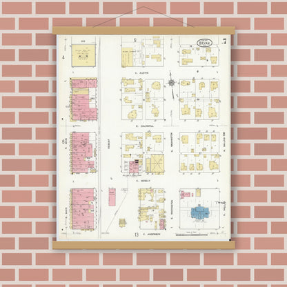 Old map wall art mockup — magnetic wood frame on brick wall — Sanborn Fire Insurance Map from Bryan, Brazos County, Texas (1912), Sheet #0007