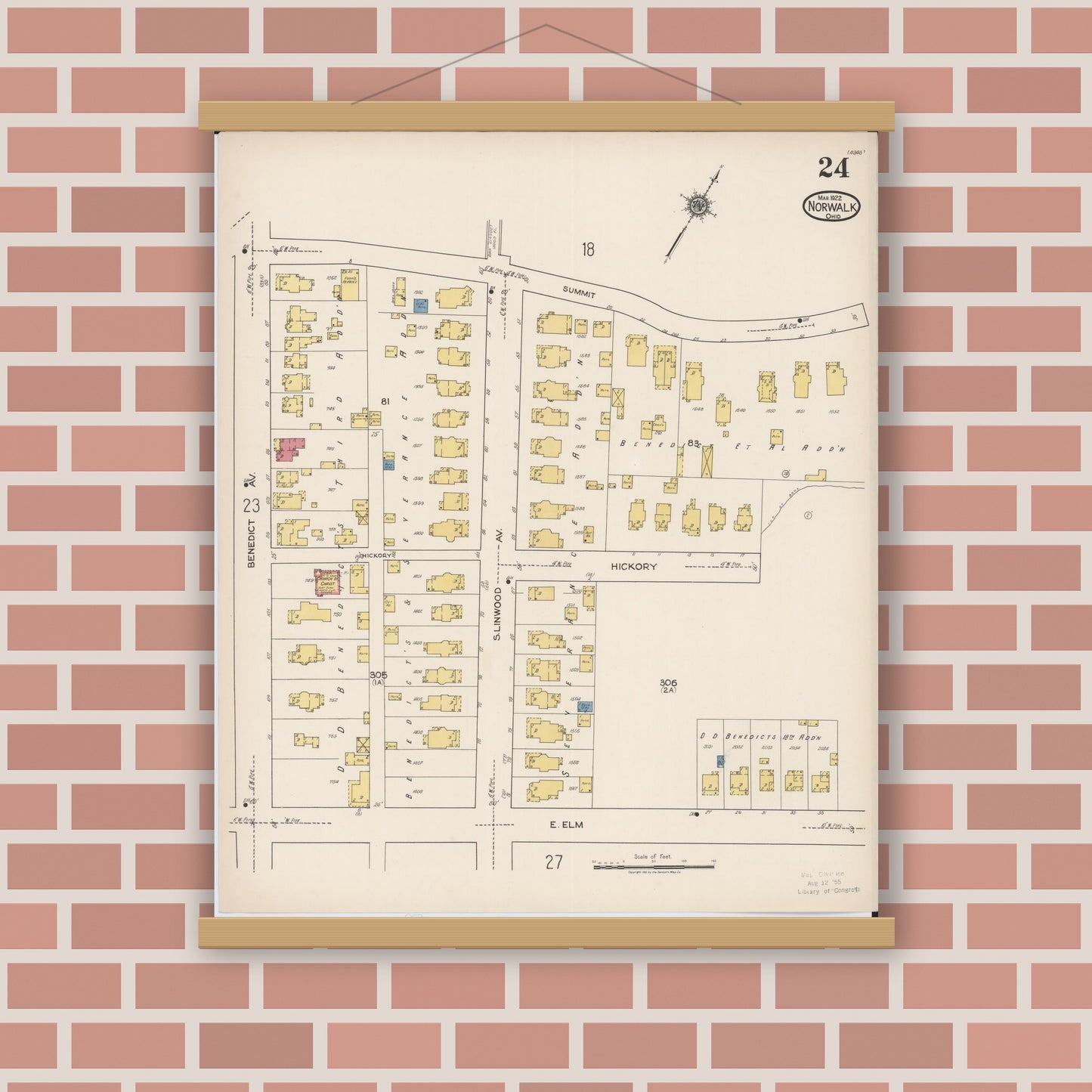 Old map wall art mockup — magnetic wood frame on brick wall — Sanborn Fire Insurance Map from Norwalk, Huron County, Ohio (1922), Sheet #0024