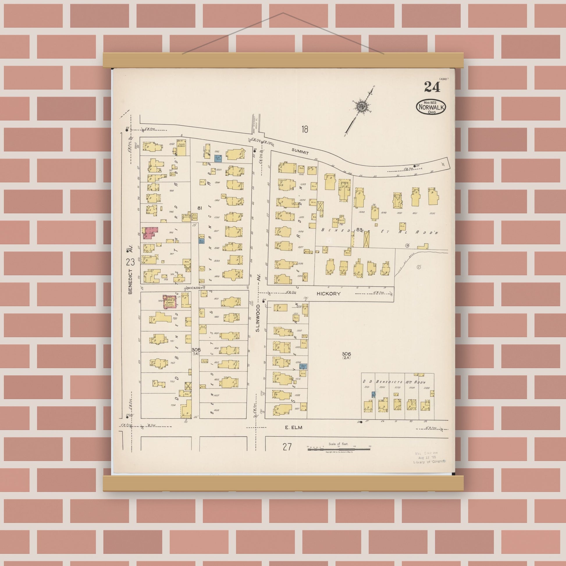 Old map wall art mockup — magnetic wood frame on brick wall — Sanborn Fire Insurance Map from Norwalk, Huron County, Ohio (1922), Sheet #0024