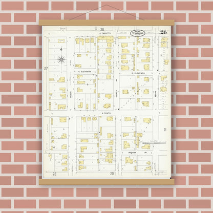 Old map wall art mockup — magnetic wood frame on brick wall — Sanborn Fire Insurance Map from Texarkana, Bowie County, Texas (1909), Sheet #0026