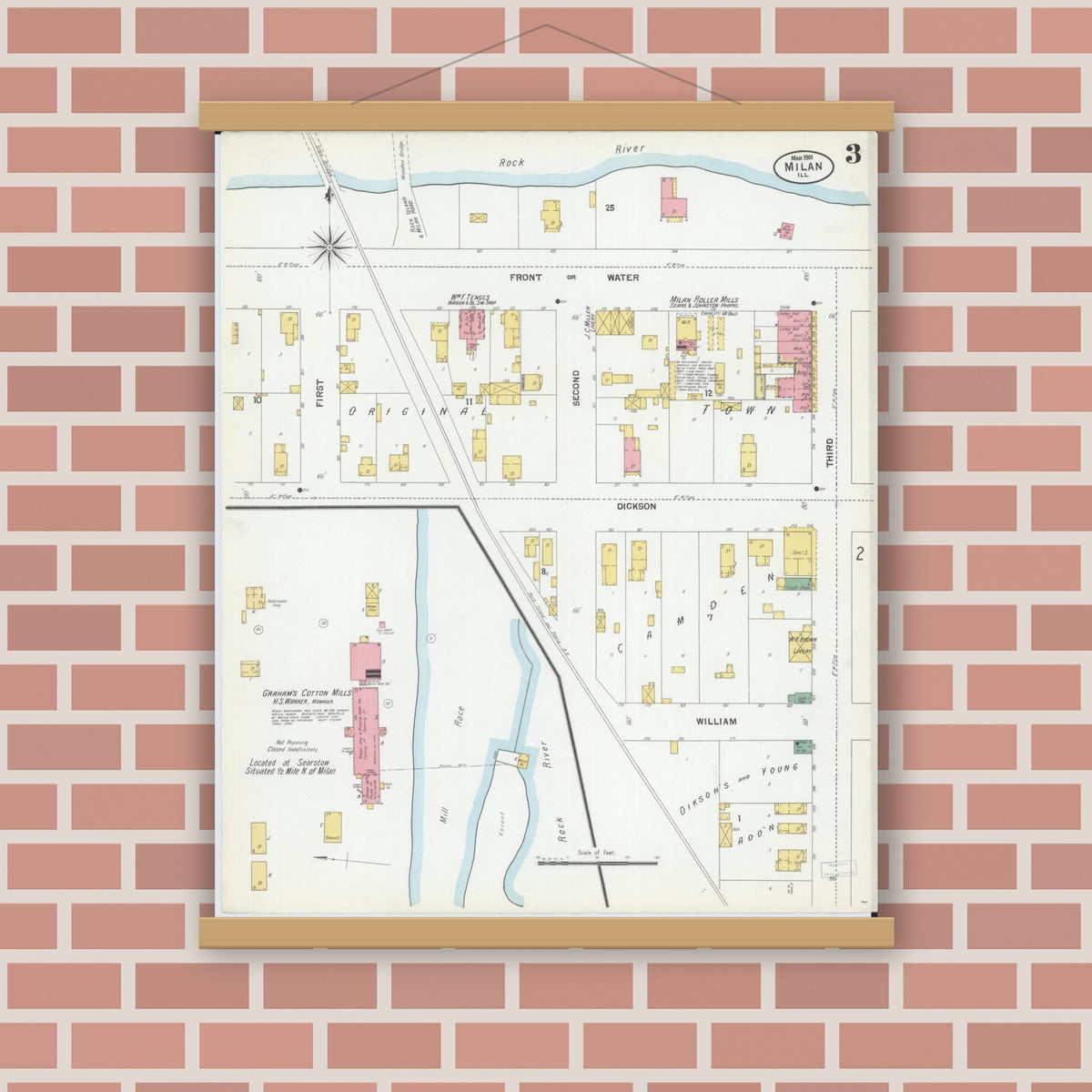 Old map wall art mockup — magnetic wood frame on brick wall — Sanborn Fire Insurance Map from Milan, Rock Island County, Illinois (1901), Sheet #0003