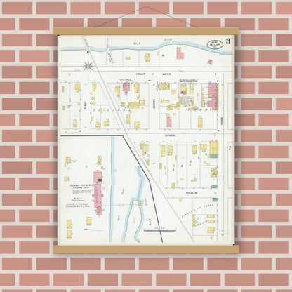 Old map wall art mockup — magnetic wood frame on brick wall — Sanborn Fire Insurance Map from Milan, Rock Island County, Illinois (1901), Sheet #0003