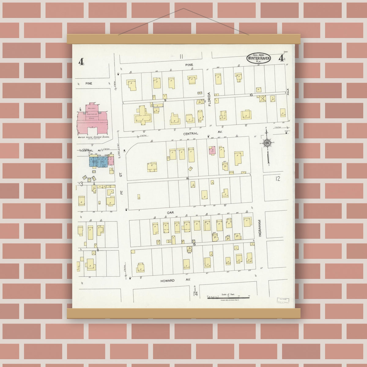 Old map wall art mockup — magnetic wood frame on brick wall — Sanborn Fire Insurance Map from Winter Haven, Polk County, Florida (1924), Sheet #0004
