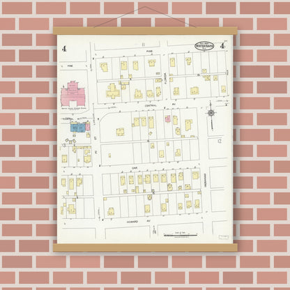 Old map wall art mockup — magnetic wood frame on brick wall — Sanborn Fire Insurance Map from Winter Haven, Polk County, Florida (1924), Sheet #0004