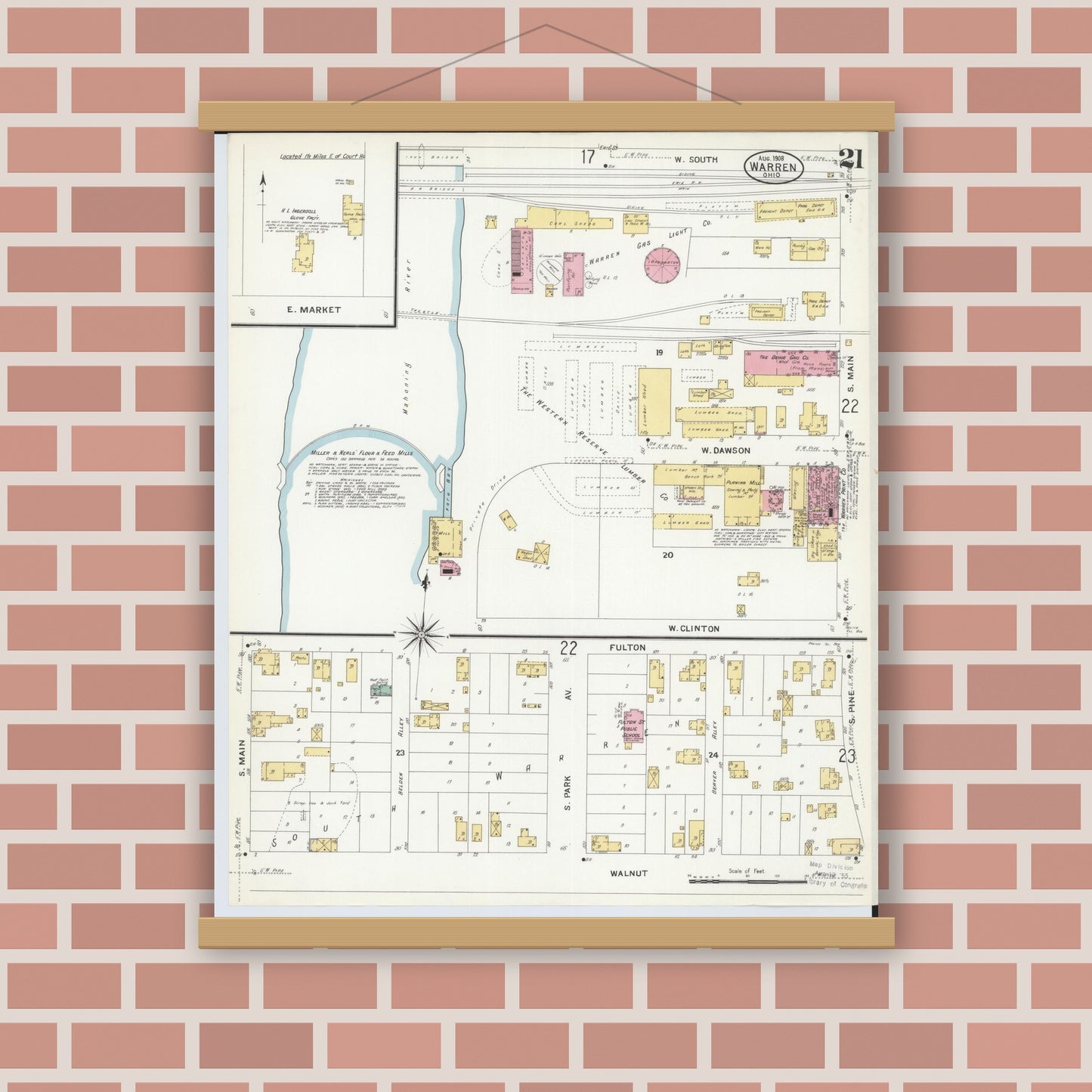 Old map wall art mockup — magnetic wood frame on brick wall — Sanborn Fire Insurance Map from Warren, Trumbull County, Ohio (1908), Sheet #0021