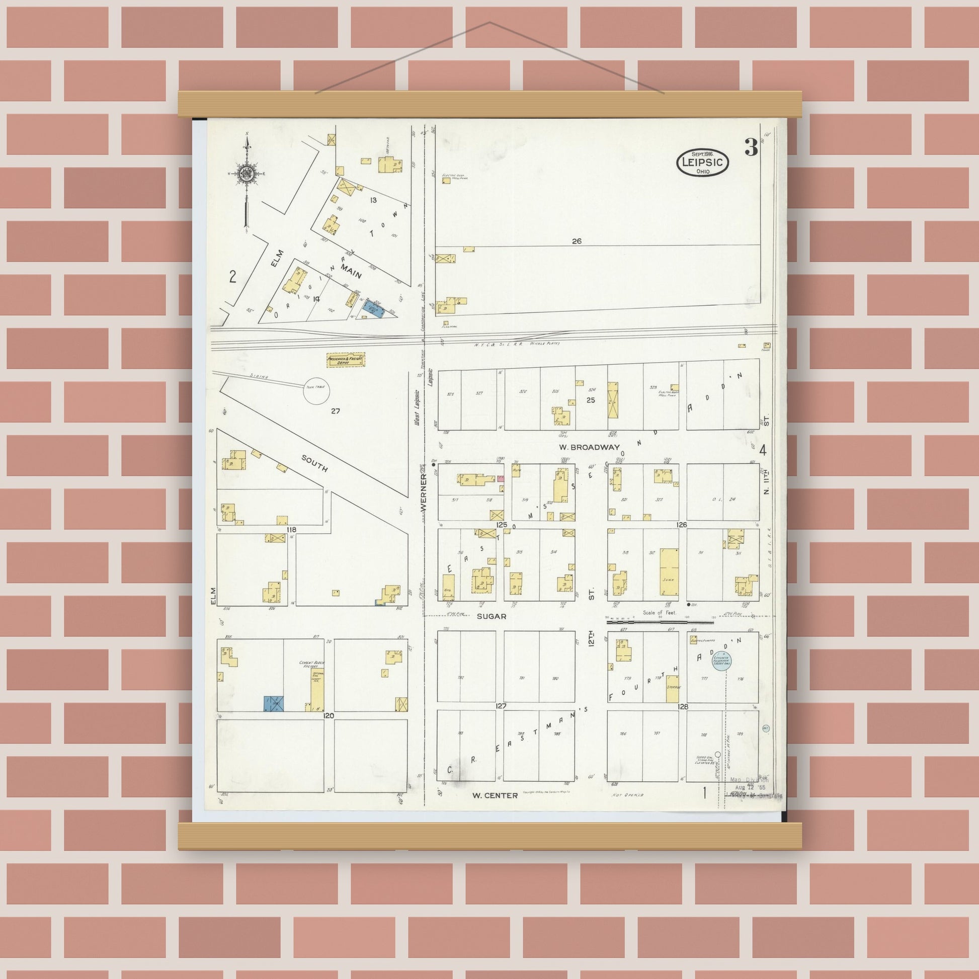 Old map wall art mockup — magnetic wood frame on brick wall — Sanborn Fire Insurance Map from Leipsic, Putnam County, Ohio (1916), Sheet #0003