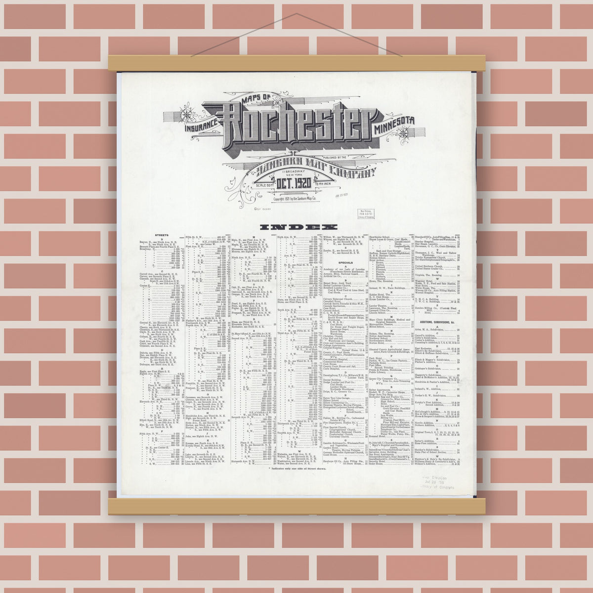 Old map wall art mockup — magnetic wood frame on brick wall — Sanborn Fire Insurance Map from Rochester, Olmsted County, Minnesota (1920), Sheet #0001