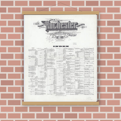 Old map wall art mockup — magnetic wood frame on brick wall — Sanborn Fire Insurance Map from Rochester, Olmsted County, Minnesota (1920), Sheet #0001