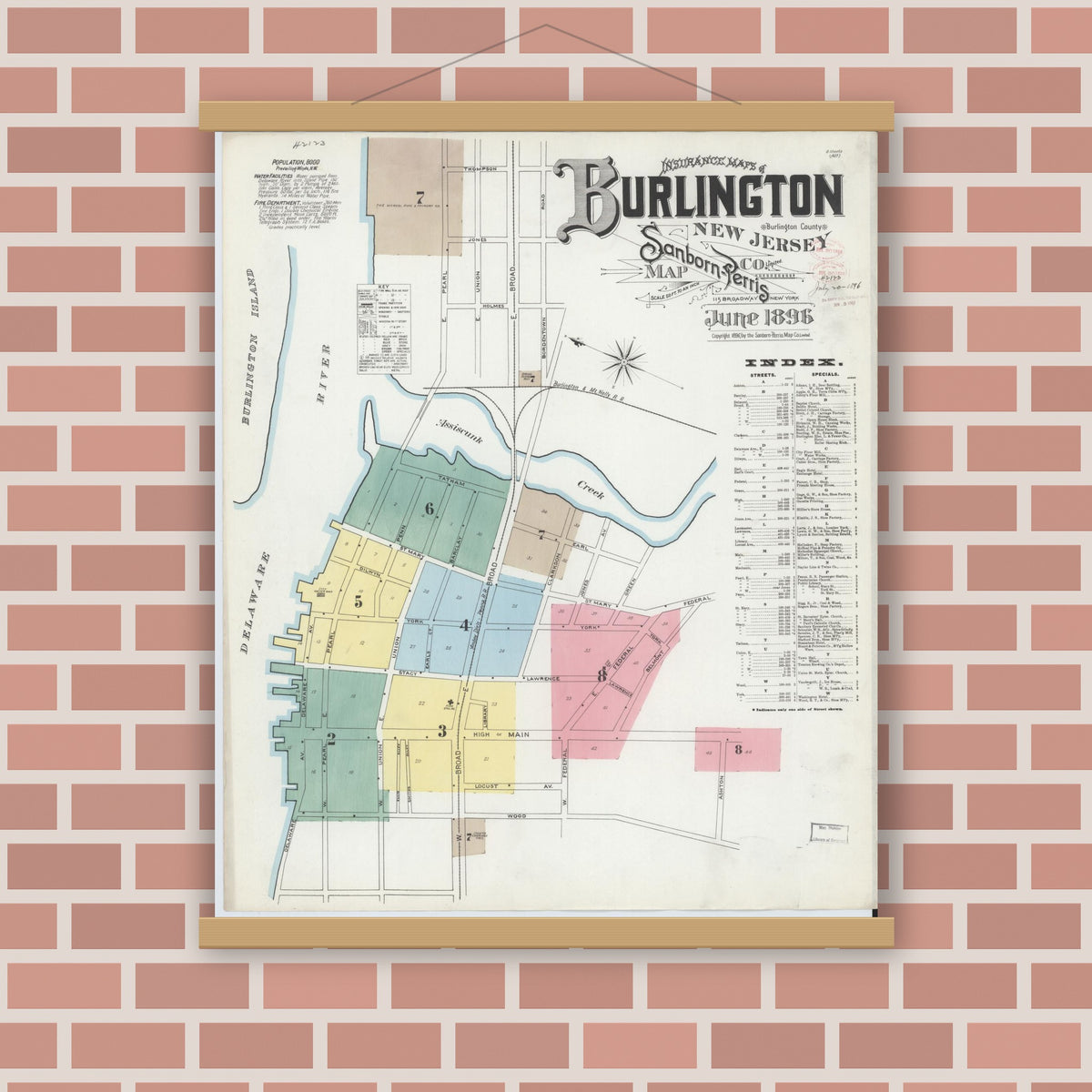 Old map wall art mockup — magnetic wood frame on brick wall — Sanborn Fire Insurance Map from Burlington, Burlington County, New Jersey (1896), Sheet #0001