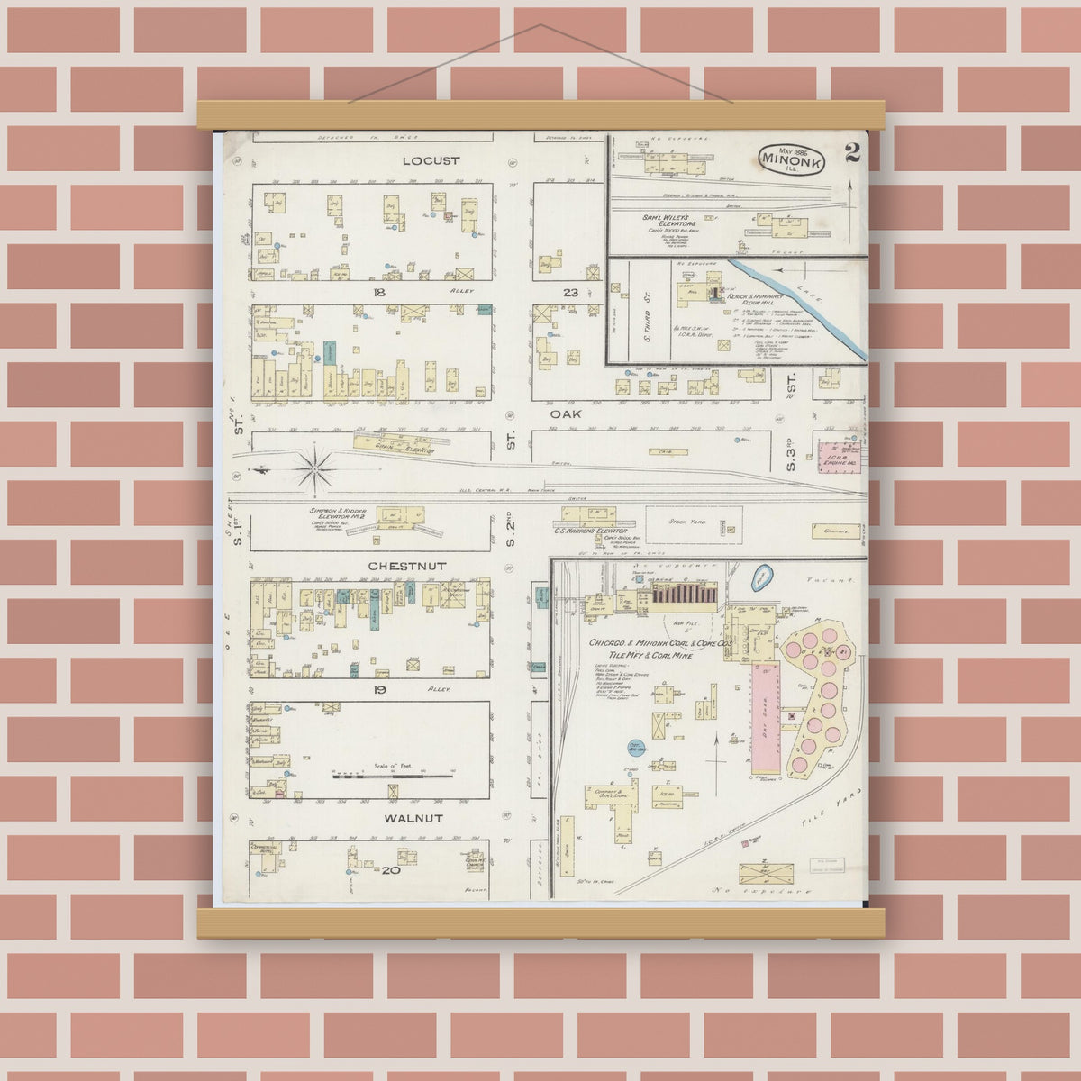 Old map wall art mockup — magnetic wood frame on brick wall — Sanborn Fire Insurance Map from Minonk, Woodford County, Illinois (1885), Sheet #0002
