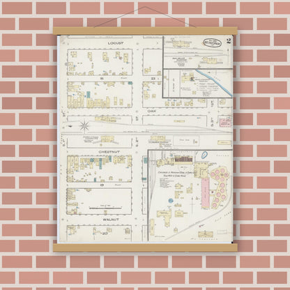 Old map wall art mockup — magnetic wood frame on brick wall — Sanborn Fire Insurance Map from Minonk, Woodford County, Illinois (1885), Sheet #0002