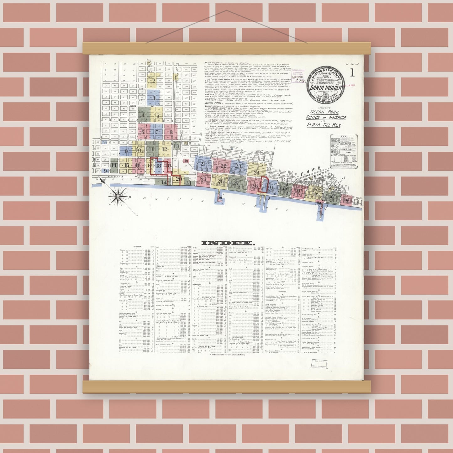 Old map wall art mockup — magnetic wood frame on brick wall — Sanborn Fire Insurance Map from Santa Monica, Los Angeles County, California (1909) - Complete Map Set