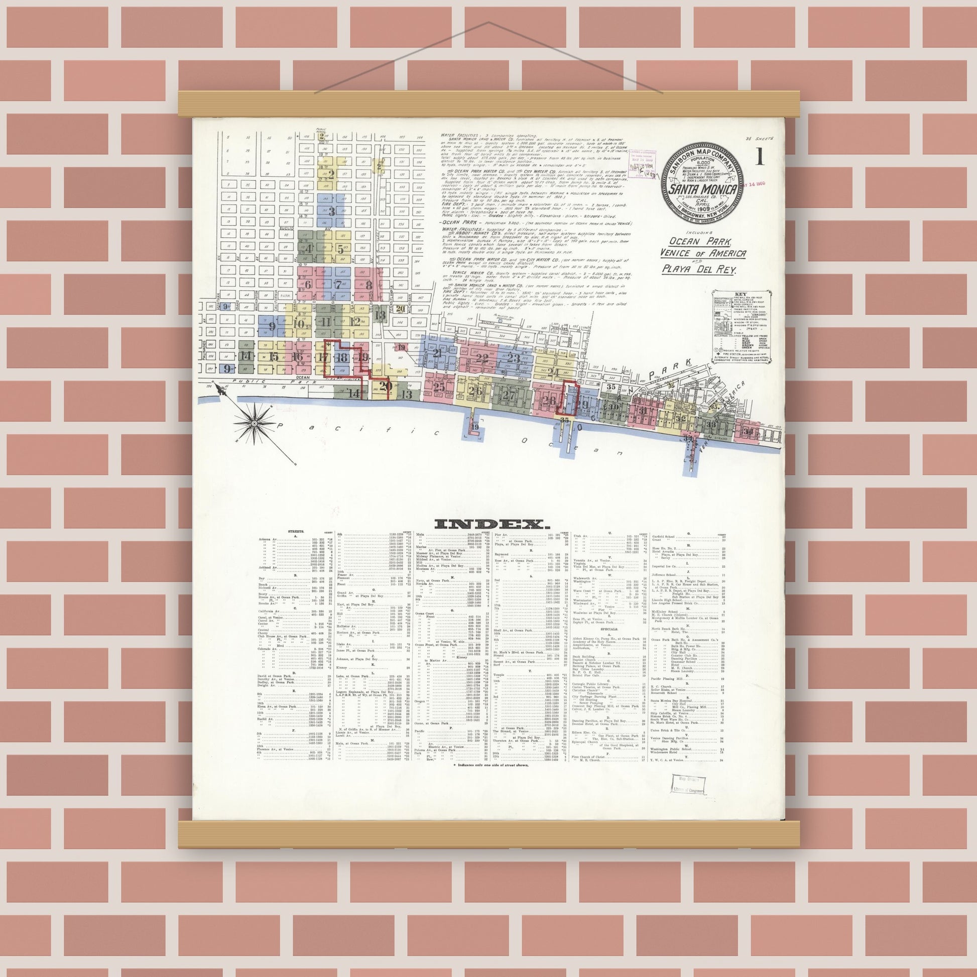 Old map wall art mockup — magnetic wood frame on brick wall — Sanborn Fire Insurance Map from Santa Monica, Los Angeles County, California (1909) - Complete Map Set