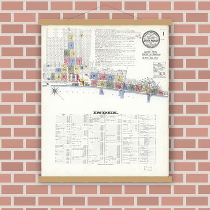 Old map wall art mockup — magnetic wood frame on brick wall — Sanborn Fire Insurance Map from Santa Monica, Los Angeles County, California (1909) - Complete Map Set