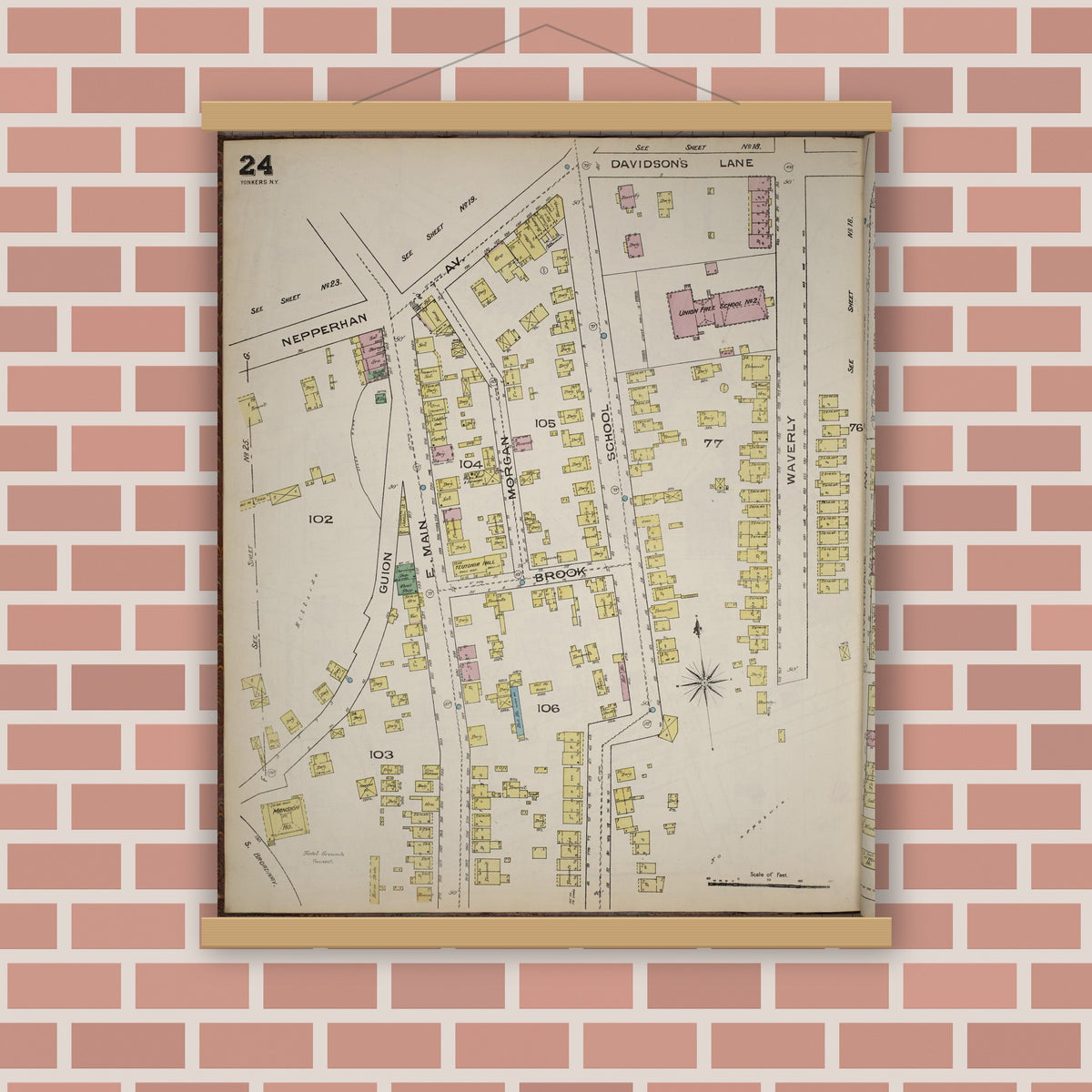 Old map wall art mockup — magnetic wood frame on brick wall — Sanborn Fire Insurance Map from Yonkers, Westchester County, New York (1886), Sheet #0024
