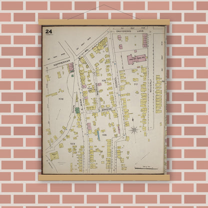Old map wall art mockup — magnetic wood frame on brick wall — Sanborn Fire Insurance Map from Yonkers, Westchester County, New York (1886), Sheet #0024