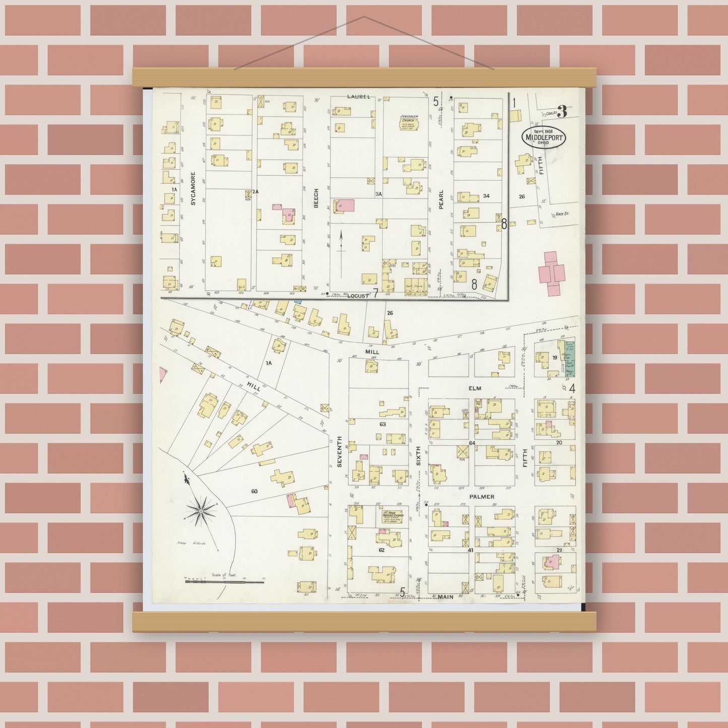 Old map wall art mockup — magnetic wood frame on brick wall — Sanborn Fire Insurance Map from Middleport, Meigs County, Ohio (1908), Sheet #0003