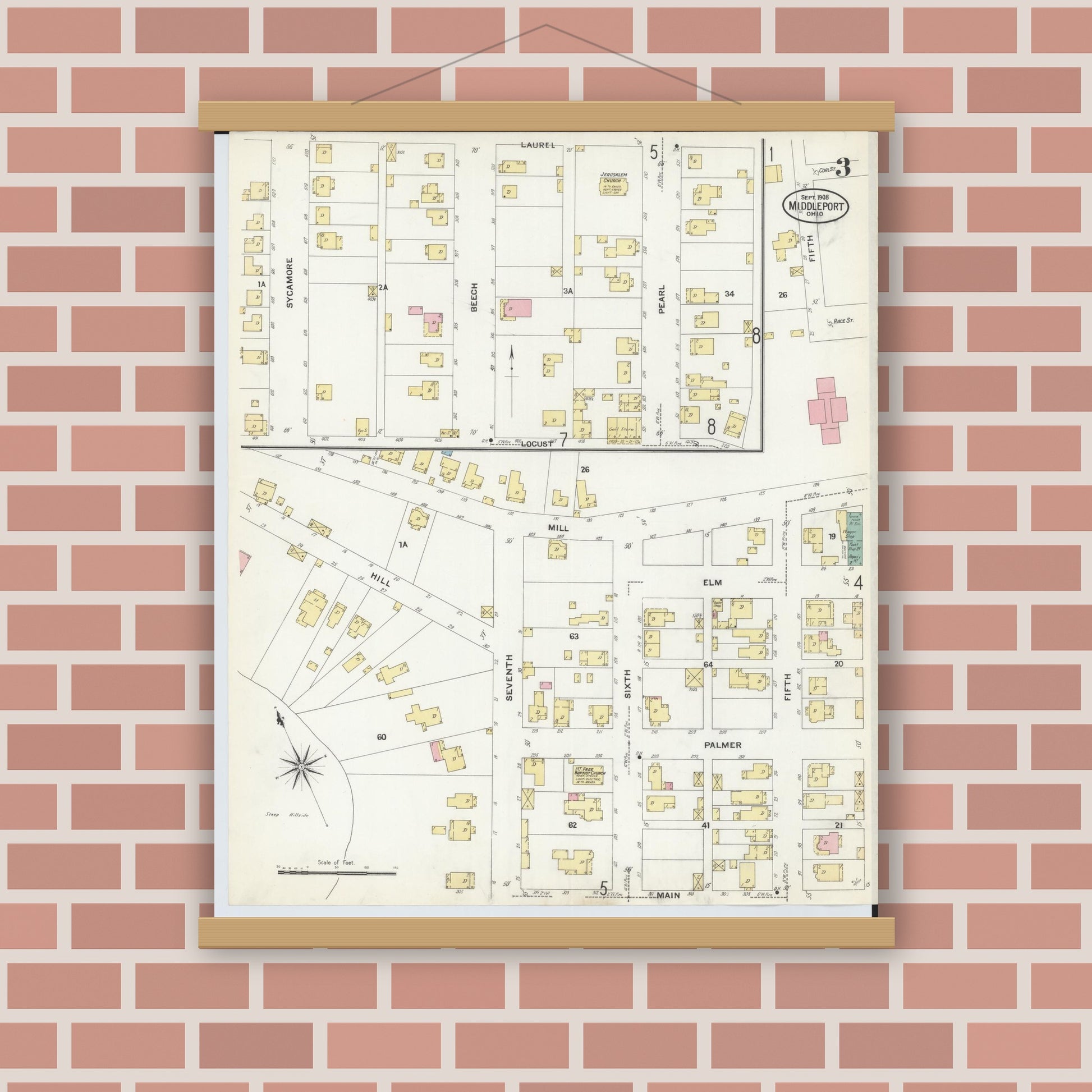 Old map wall art mockup — magnetic wood frame on brick wall — Sanborn Fire Insurance Map from Middleport, Meigs County, Ohio (1908), Sheet #0003