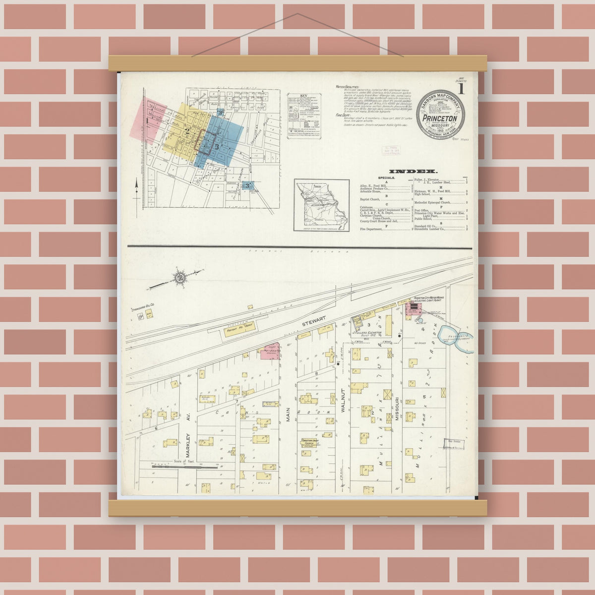 Old map wall art mockup — magnetic wood frame on brick wall — Sanborn Fire Insurance Map from Princeton, Mercer County, Missouri (1913) - Complete Map Set