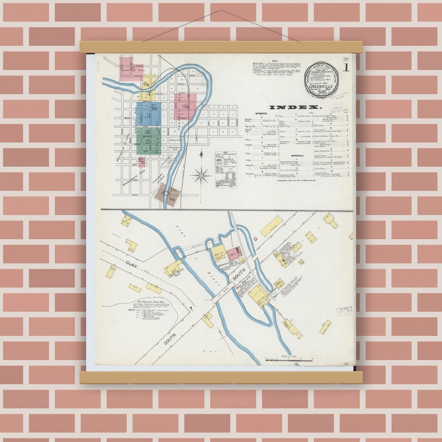 Old map wall art mockup — magnetic wood frame on brick wall — Sanborn Fire Insurance Map from Greenville, Montcalm County, Michigan (1892) - Complete Map Set