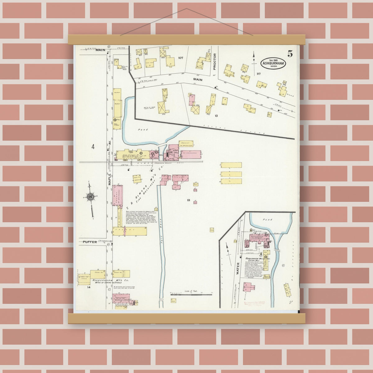Old map wall art mockup — magnetic wood frame on brick wall — Sanborn Fire Insurance Map from Ashburnham, Worcester County, Massachusetts (1909), Sheet #0005