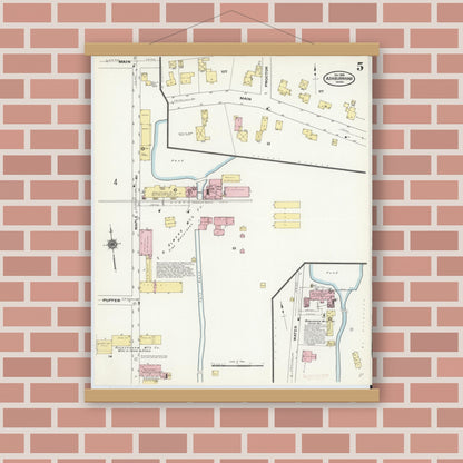Old map wall art mockup — magnetic wood frame on brick wall — Sanborn Fire Insurance Map from Ashburnham, Worcester County, Massachusetts (1909), Sheet #0005
