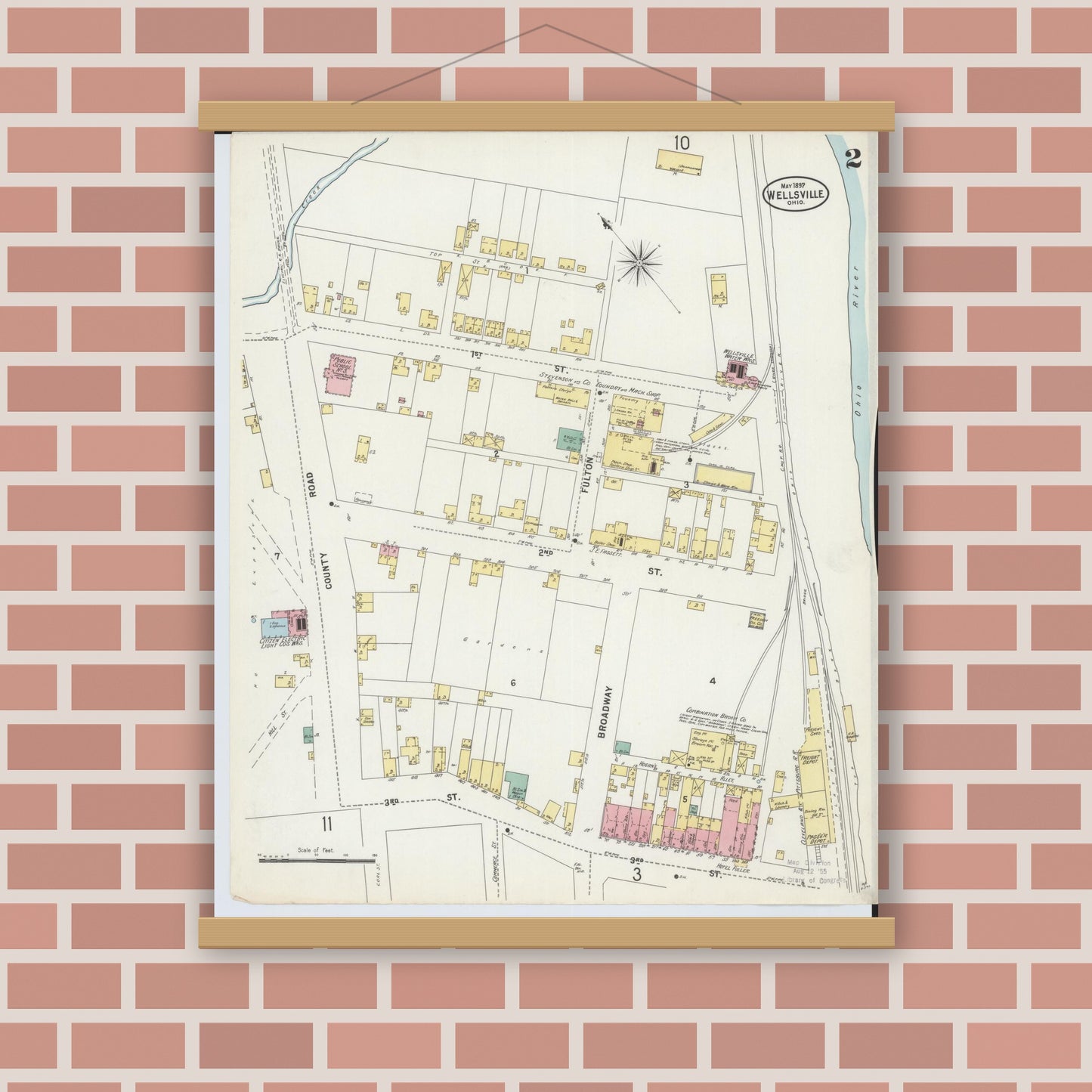Old map wall art mockup — magnetic wood frame on brick wall — Sanborn Fire Insurance Map from Wellsville, Columbiana County, Ohio (1897), Sheet #0002